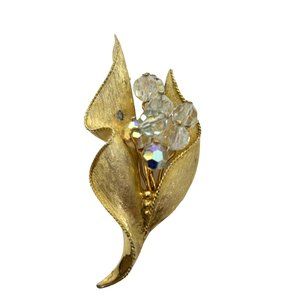 Emmons Gold Leaf Aurora Borealis Women’s Vintage Floral Brooch Pin Crystals